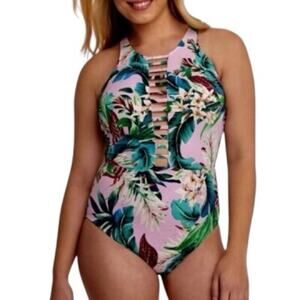 Beach Betty miracle suit Pink and Green One-Piece tropical cutout Swimsuit